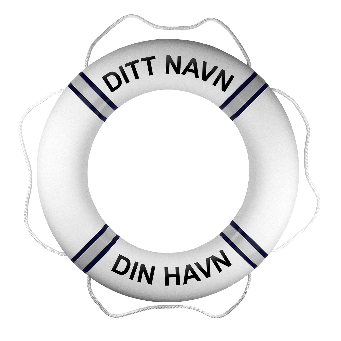 Premium livbøye – hvit/marineblå – med egen tekst