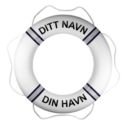 Premium livbøye – hvit/marineblå – med egen tekst