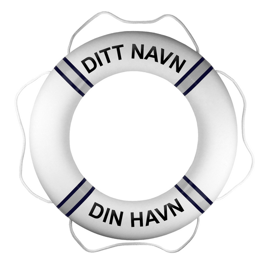 Premium livbøye – hvit/marineblå – med egen tekst