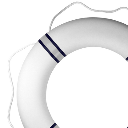 Premium livbøye – hvit/marineblå – med egen tekst